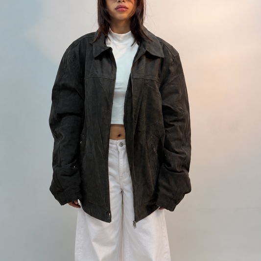Unisex Black Oversized Utility Bomber Suede Leather Jacket