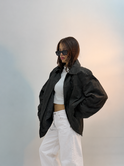 Unisex Black Oversized Utility Bomber Suede Leather Jacket