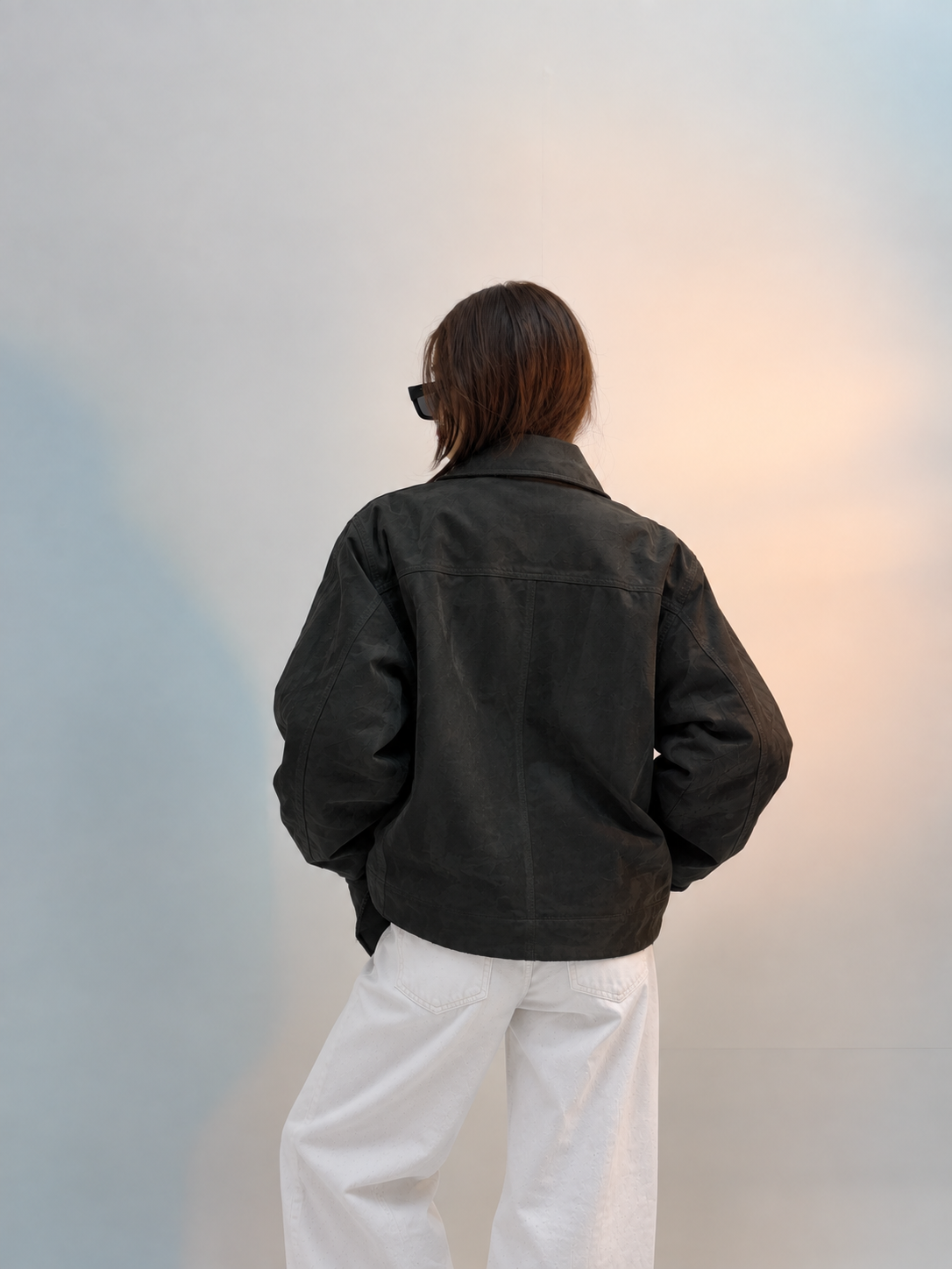 Unisex Black Oversized Utility Bomber Suede Leather Jacket
