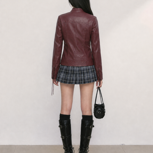 Women's Vintage Burgundy Lace-Up Leather Jacket