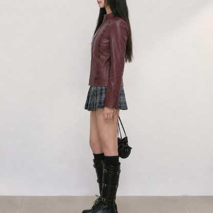 Women's Vintage Burgundy Lace-Up Leather Jacket