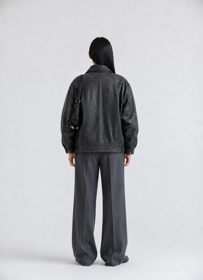 Women's Vintage Black Relaxed Fit Utility Leather Jacket