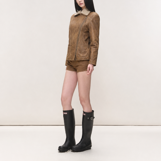 Women’s Vintage Camel Brown Fitted Moto Style with Shearling Collar – Leather Jacket