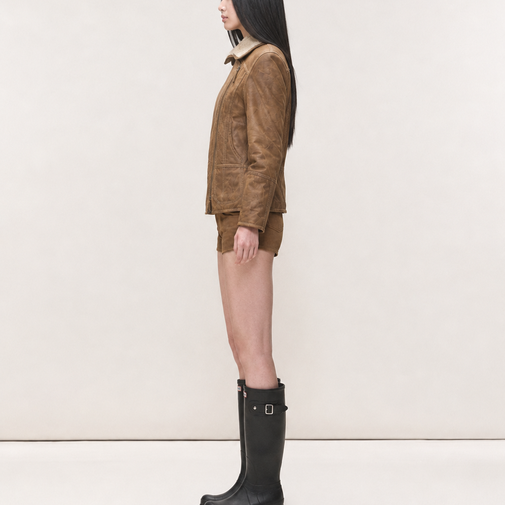 Women’s Vintage Camel Brown Fitted Moto Style with Shearling Collar – Leather Jacket