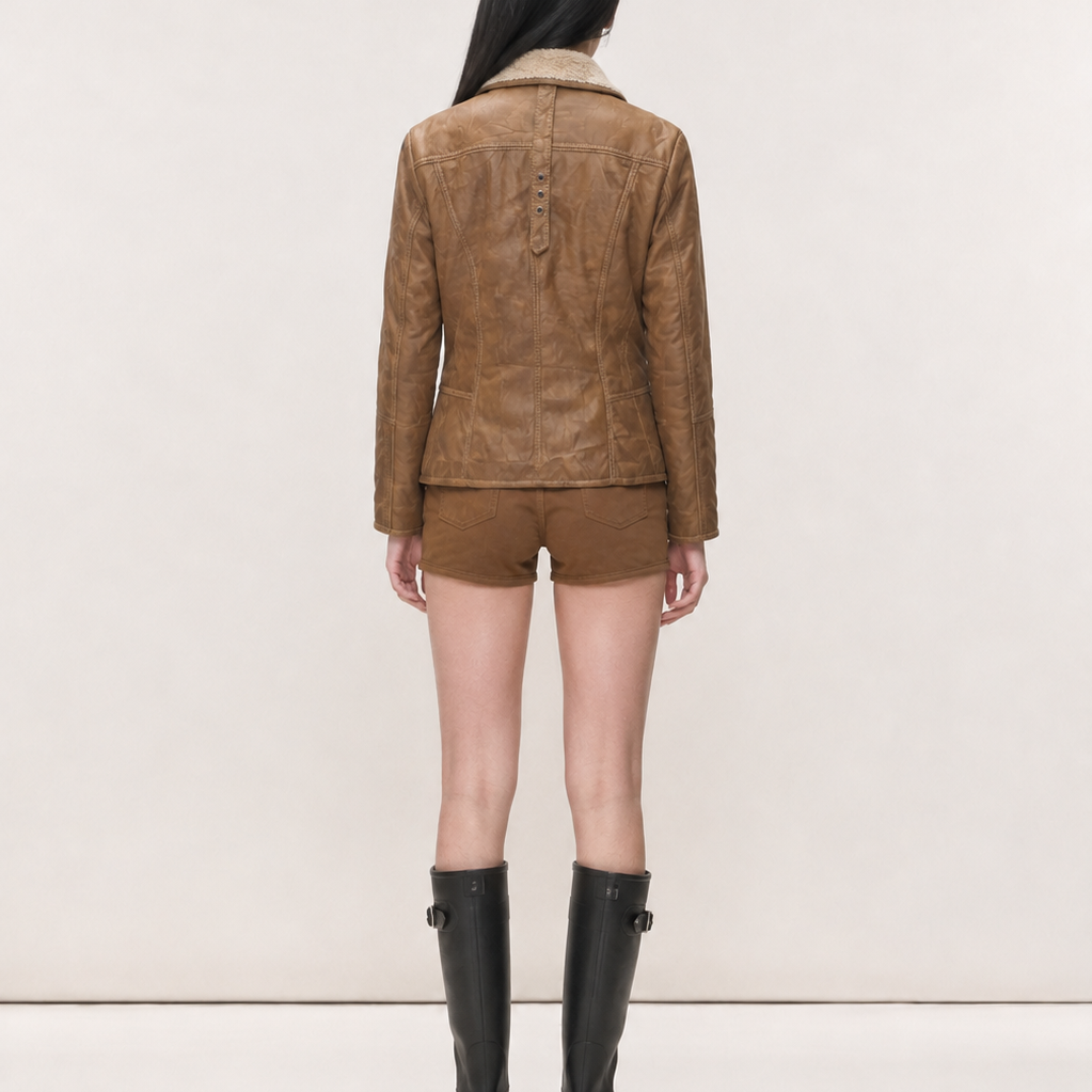 Women’s Vintage Camel Brown Fitted Moto Style with Shearling Collar – Leather Jacket
