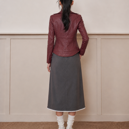 Women’s Vintage Burgundy Fitted Notched-Lapel Tailored Leather Jacket