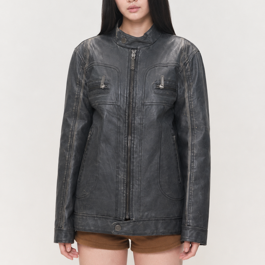 Vintage Black Relaxed-Fit Biker Leather Jacket