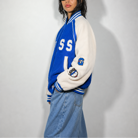 Royal Blue & Beige Relaxed-Fit Patchwork Varsity Bomber Jacket
