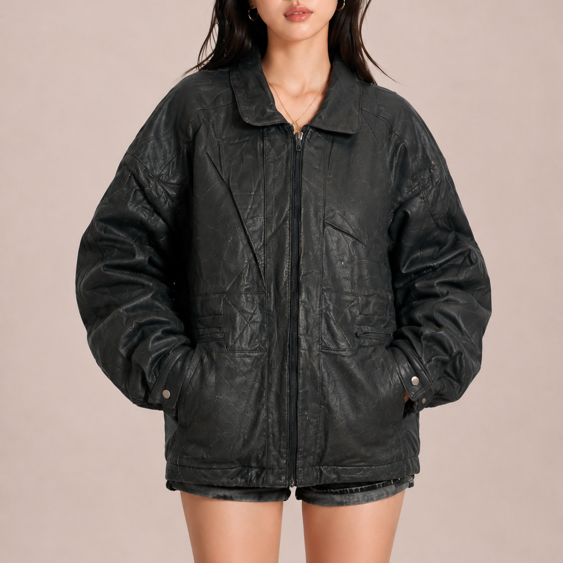 Unisex Black Vintage Oversized Distressed Panelled Leather Jacket