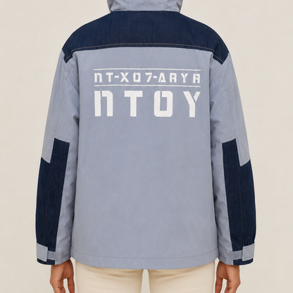Unisex Grey & Navy Colorblock Utility Hooded Outdoor Windbreaker Jacket