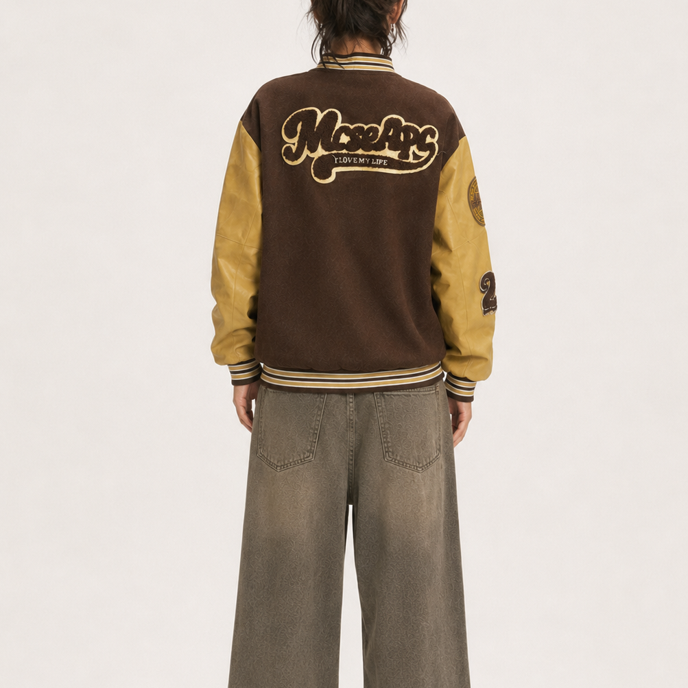 Unisex Vintage Brown & Mustard M-Patch Oversized Varsity Leather Jacket