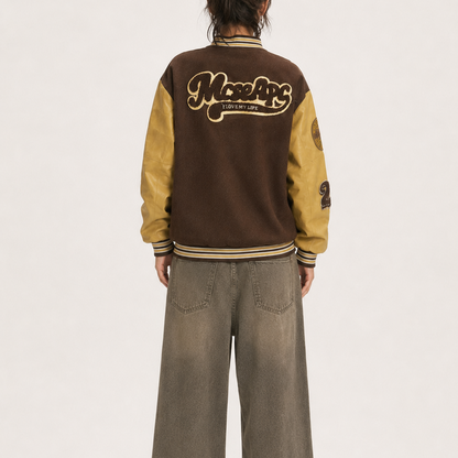 Unisex Vintage Brown & Mustard M-Patch Oversized Varsity Leather Jacket