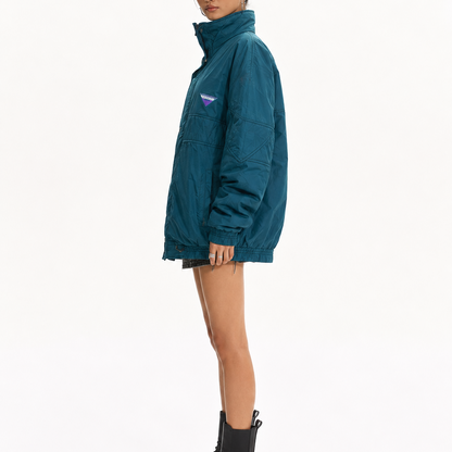 Unisex Vintage Teal Blue Oversized High-Neck Padded Puffed Bomber Jacket