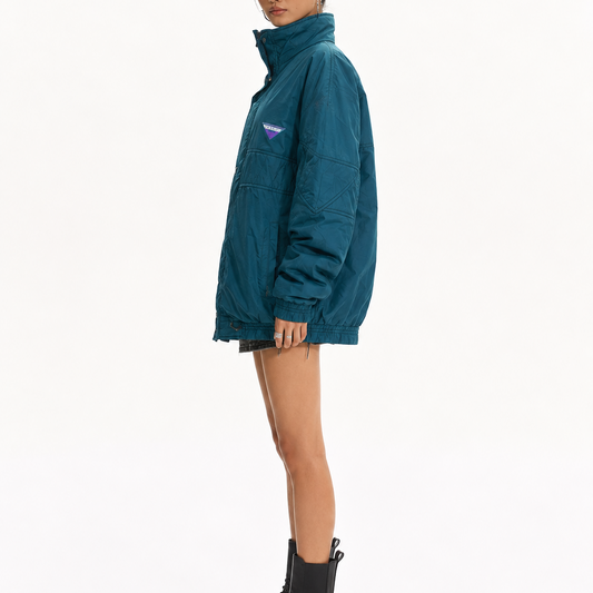 Unisex Vintage Teal Blue Oversized High-Neck Padded Puffed Bomber Jacket