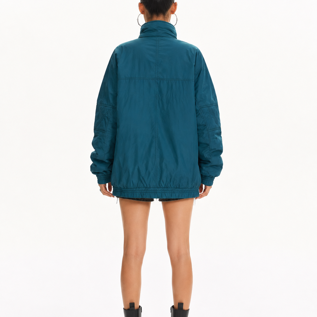 Unisex Vintage Teal Blue Oversized High-Neck Padded Puffed Bomber Jacket