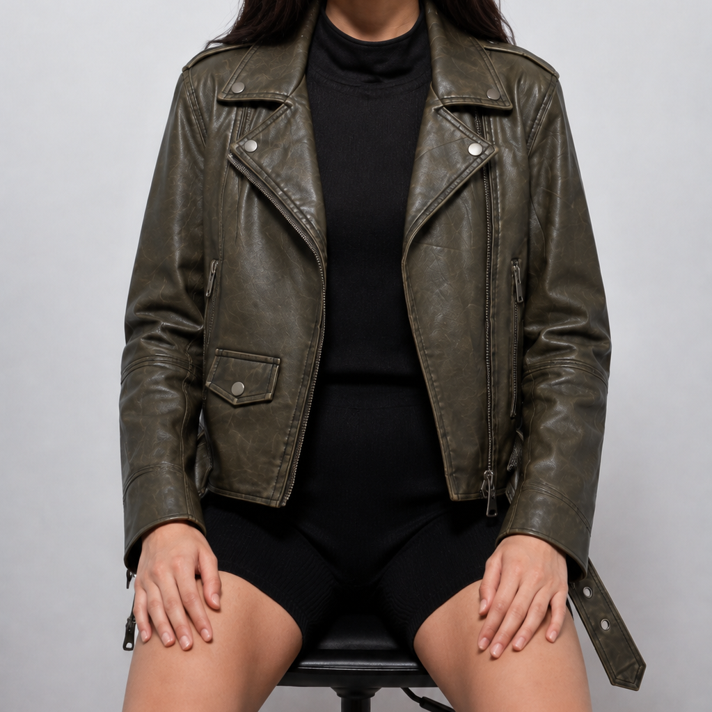 Women’s Vintage Distressed Olive Green Relaxed-Fit Moto Leather Jacket