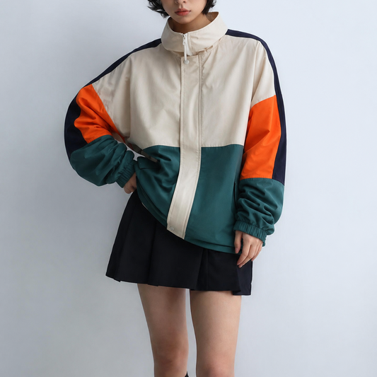 Women's Jacket - Vintage Cream Green & Orange Colorblock Windbreaker
