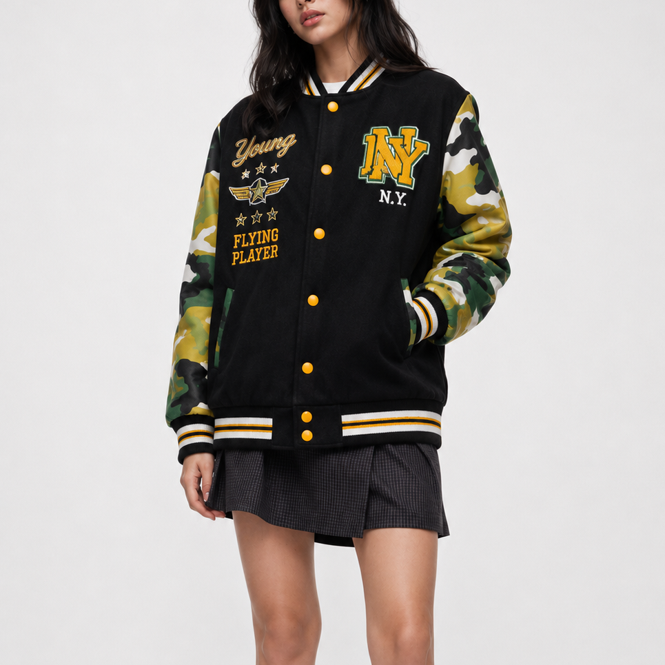 Women’s Jacket – Vintage Black Camo Sleeve Varsity