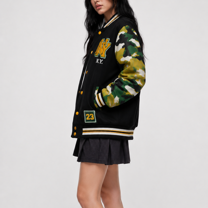 Women’s Jacket – Vintage Black Camo Sleeve Varsity