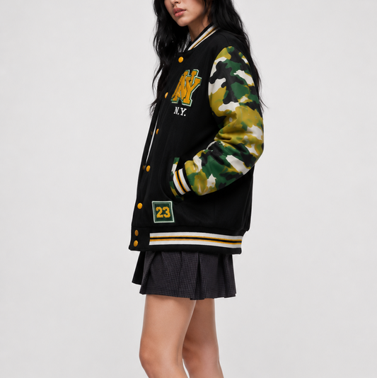 Vintage Black Camo Sleeve Varsity Bomber Jacket