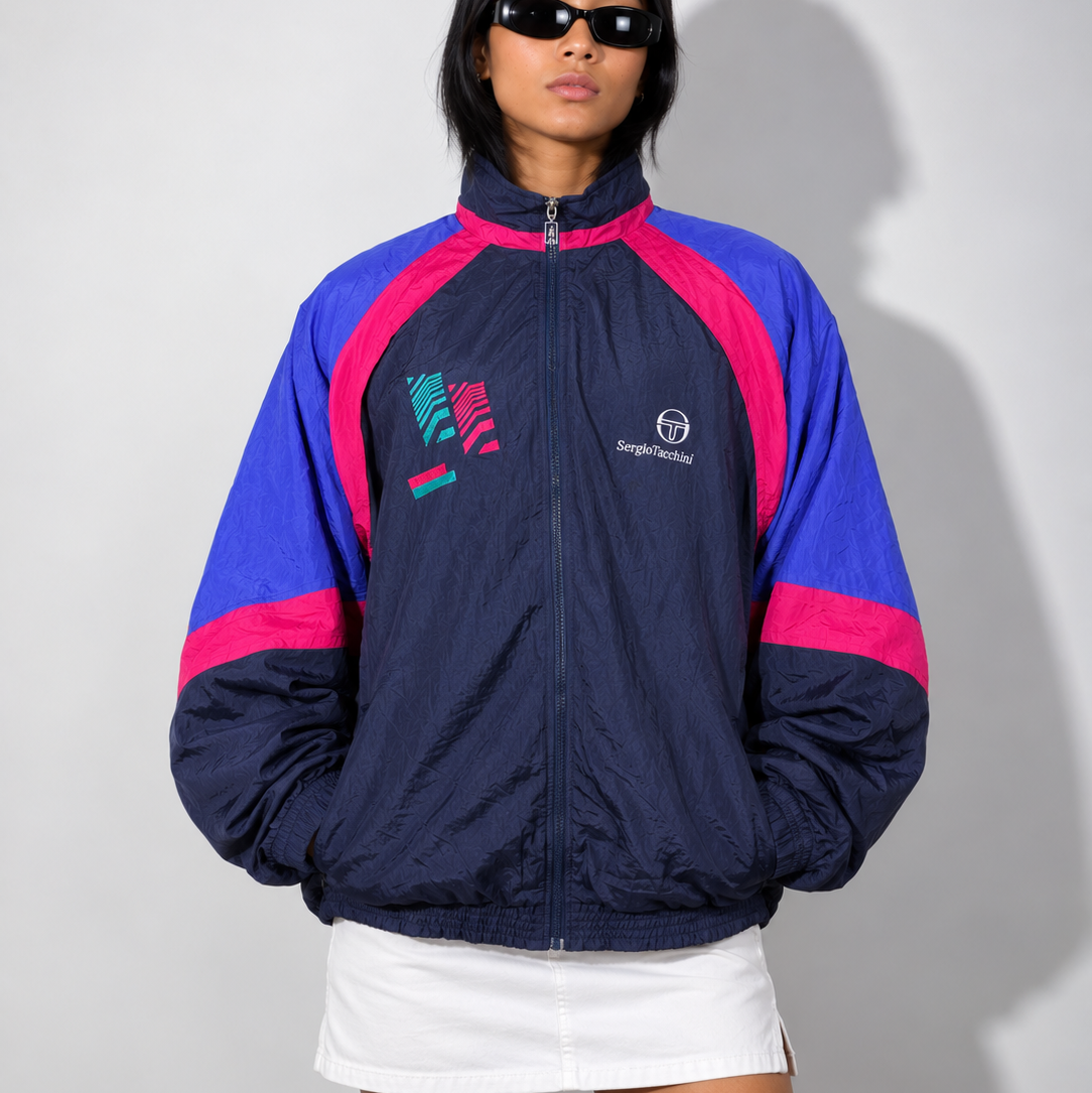 Women's Jacket Vintage Nylon Track Jacket – Navy, Blue & Fuchsia
