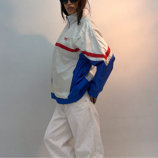 Vintage White & Blue Retro Racing Stripe Unisex Windbreaker Bomber Jacket