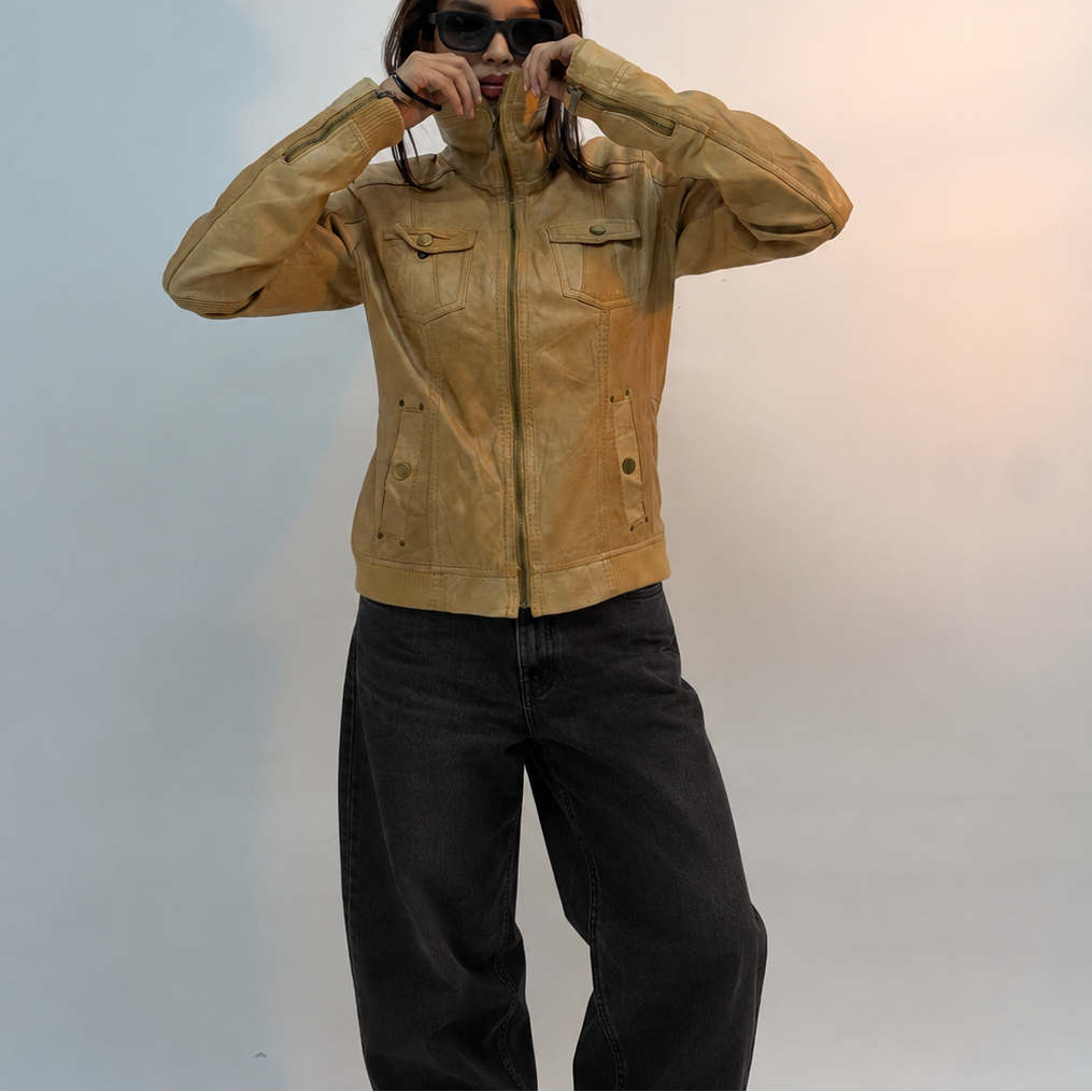 Women’s Vintage Tan Fitted High-Neck Utility Leather Jacket