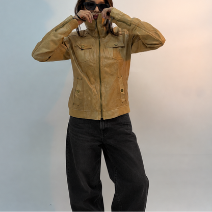 Women’s Vintage Tan Fitted High-Neck Utility Leather Jacket