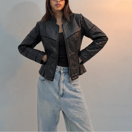 Retro Black Cropped Utility Leather Jacket