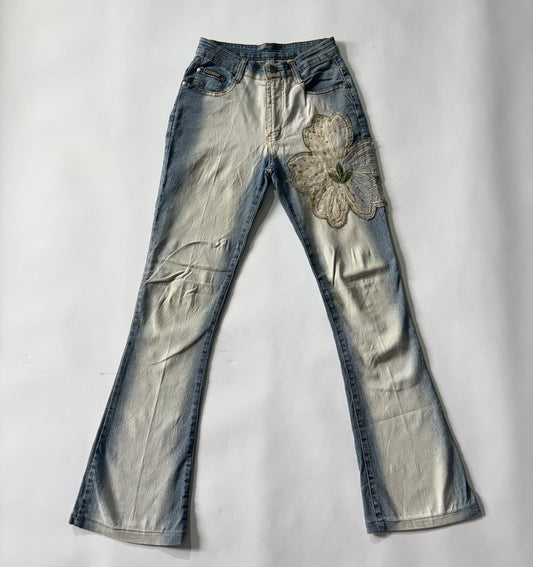 Women's Jeans Floral Embellished Two-Tone Flared