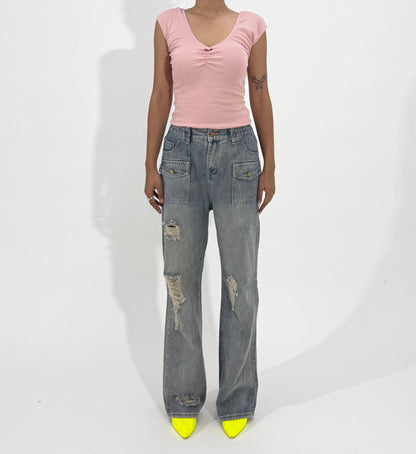 Women's Jeans Distressed Wide-Leg Cargo