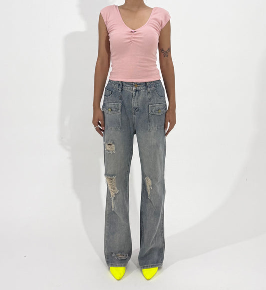 Women's Jeans Distressed Wide-Leg Cargo