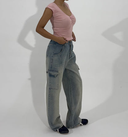 Women's Jeans Light Wash Wide-Leg Cargo