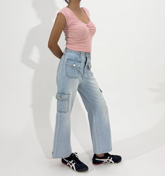 Women's Jeans Light Wash Wide-Leg Cargo