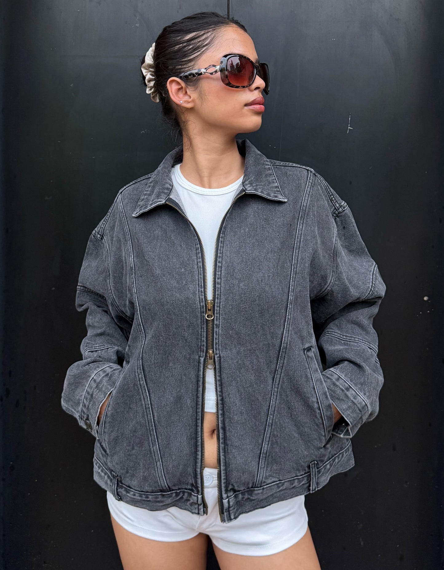 Women's Jacket Washed Charcoal Denim Zip