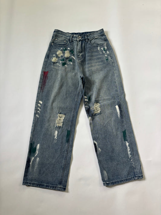 Women's Jeans Distressed Paint-Splatter Wide-Leg