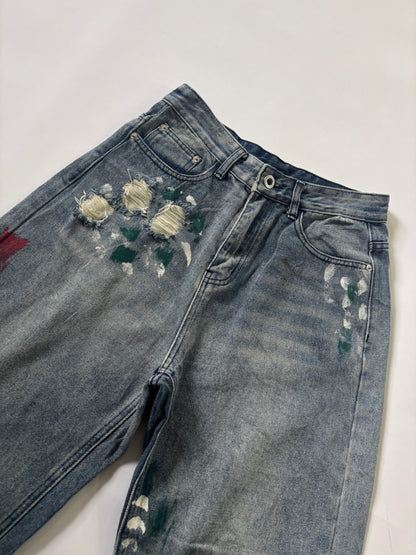 Women's Jeans Distressed Paint-Splatter Wide-Leg