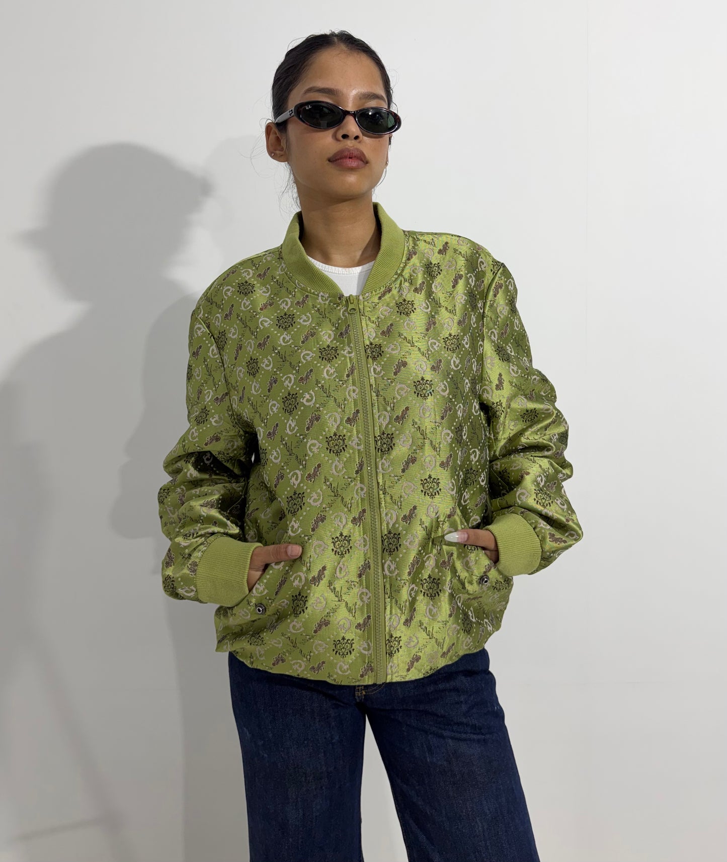 Women's Jacket Green Printed Bomber