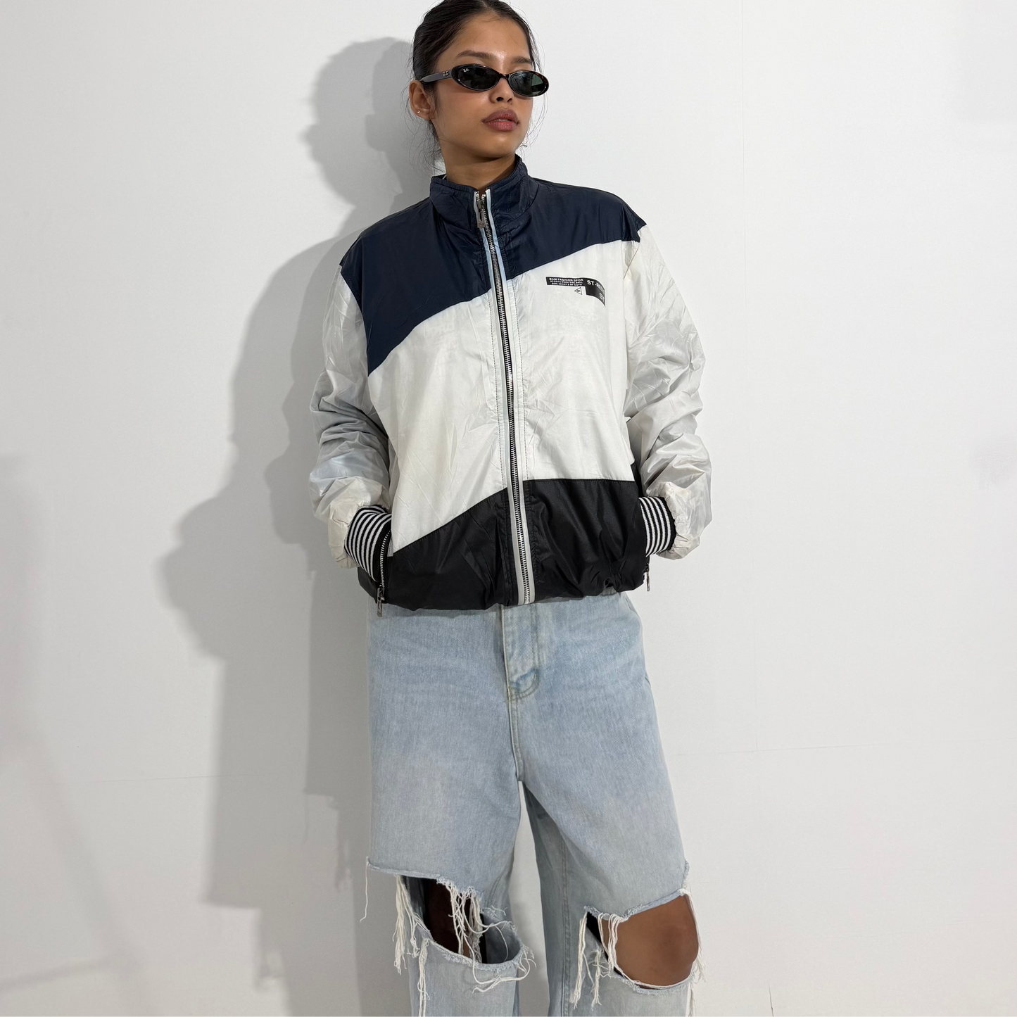 Women's Jacket Black & White Color Block Windbreaker