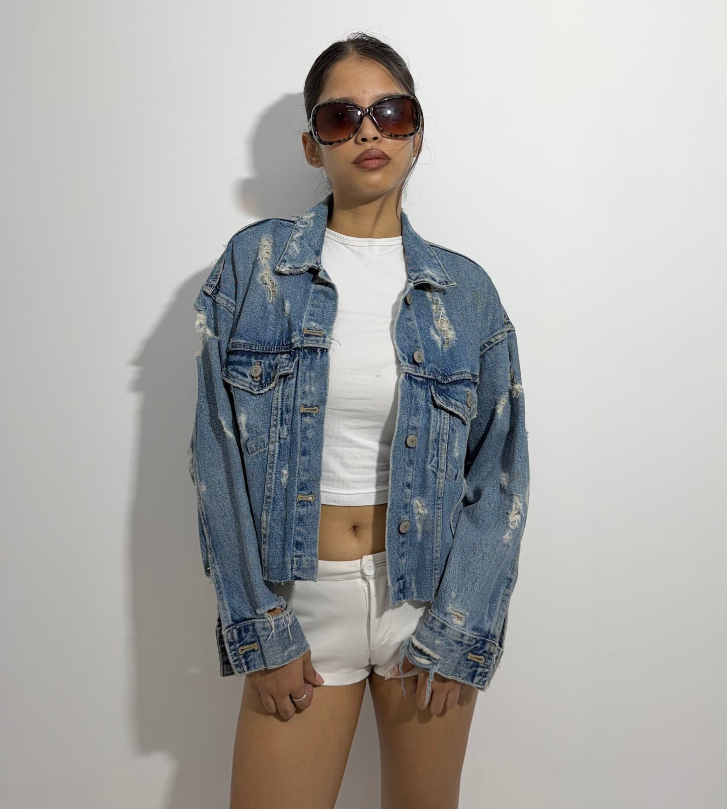 Women's Jacket Cropped Distressed Denim