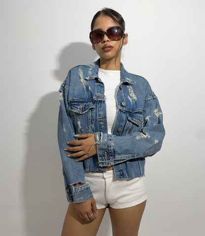 Women's Jacket Cropped Distressed Denim