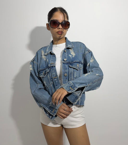 Women's Jacket Cropped Distressed Denim