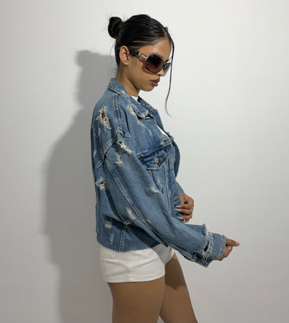 Women's Jacket Cropped Distressed Denim