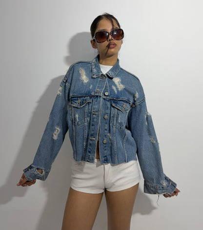 Women's Jacket Cropped Distressed Denim