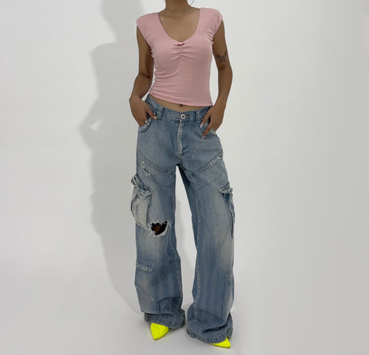 Women's Jeans Distressed Wide-Leg Cargo