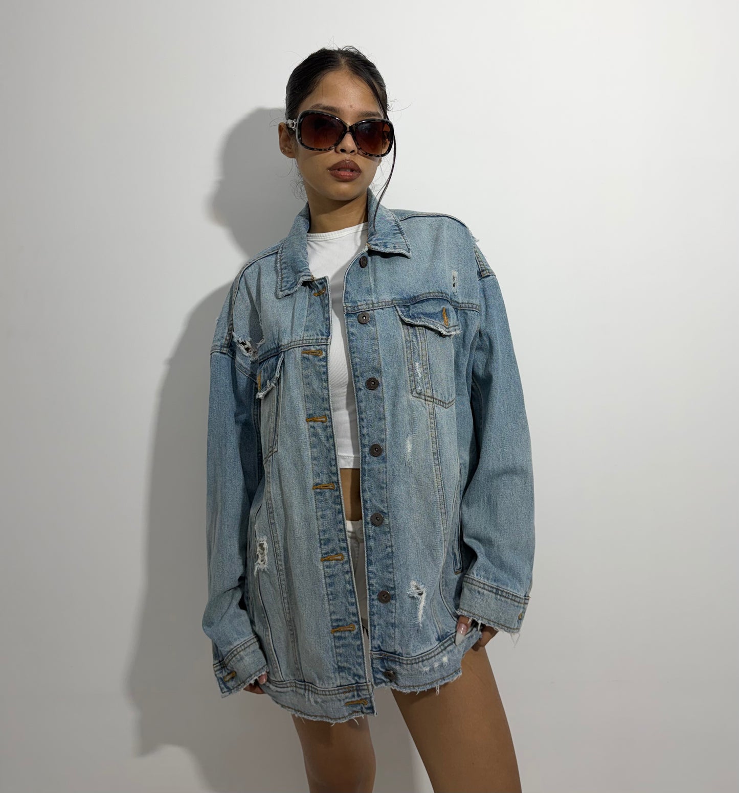 Women's Jacket Light Wash Oversized Distressed Denim
