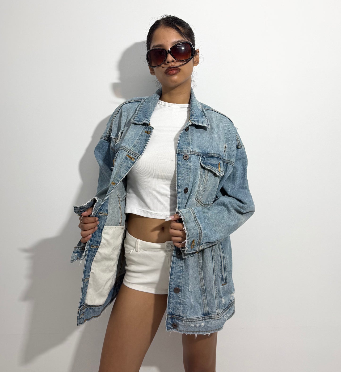 Women's Jacket Light Wash Oversized Distressed Denim