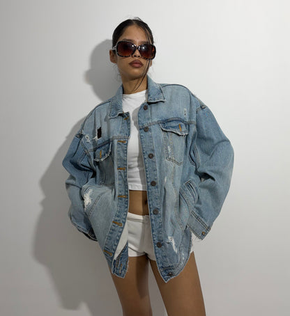 Women's Jacket Light Wash Oversized Distressed Denim