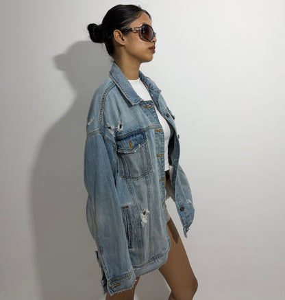 Women's Jacket Light Wash Oversized Distressed Denim