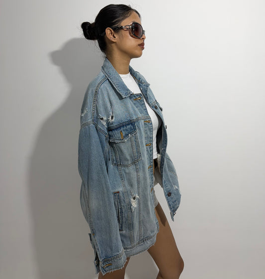 Women's Jacket Light Wash Oversized Distressed Denim